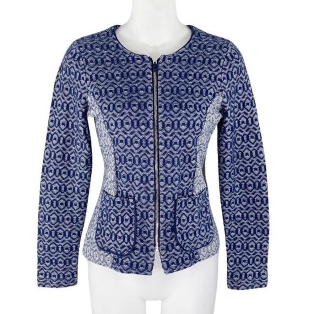 Anthro Rosie Neira blue white knit geometric zipper jacket